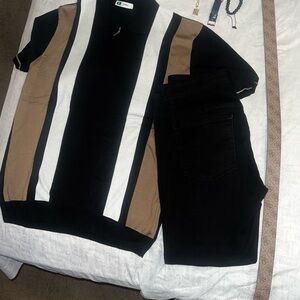 Men's Black and Brown Striped Polo Shirt